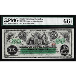 1872 $20 State of South Carolina Obsolete Note PMG Gem Unc. 66EPQ Fancy Serial Number
