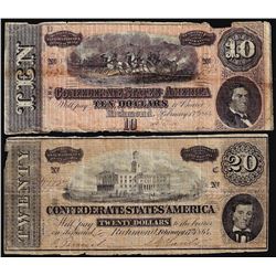 Lot of 1864 $10 & $20 Confederate States of America Notes
