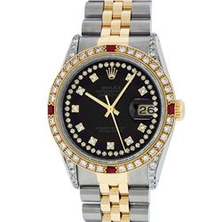 Rolex Mens 2 Tone 14K Black String Diamond Lugs & Ruby Datejust Wristwatch