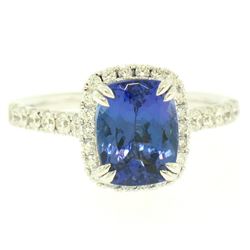 14k White Gold 3.03 ctw Diamond and Cushion Cut Tanzanite Quality Modern Ring