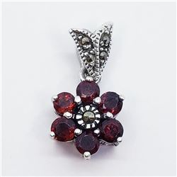 Silver Garnet Marcasite Flower Shape Pendant (~weight 2g), Suggested Retail Value $100