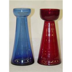 (2) COLORED HYACINTH VASES: (1) 8 1/4 COBALT & (1