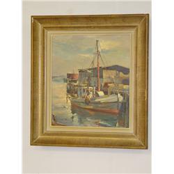 FRAMED 20TH CENT. OIL ON CANVAS TITLED QUIET HARB