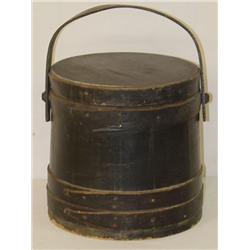 9 1/2 PAINTED WOODEN BANDED FIRKIN W/ LID & SWING