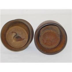 (2) WOODEN HOODED BUTTER MOLDS: (1) W/ SHEAF OF W