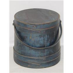 14 BLUE PAINTED WOODEN BANDED FIRKIN W/ WOODEN SW