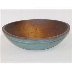 16 1/2 TURNED WOODEN BOWL W/ BLUE PAINT - NORMAL 