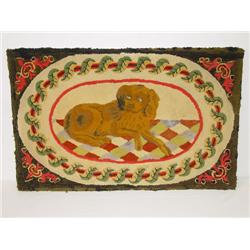 19TH CENT. FOLKY HOOKED RUG OF A YELLOW DOG ON A 
