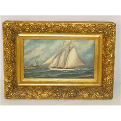 OIL ON CANVAS OF A 2 MASTED SCHOONER RACING TOWAR