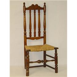 MA 18TH CENT. BANISTER BACK SIDE CHAIR W/ SHAPED 