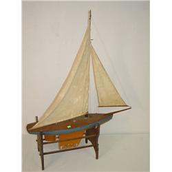 30 PAINTED WOODEN POND BOAT W/ CANVAS SAIL & META