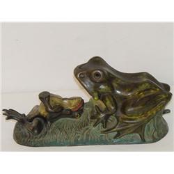 8 3/8 CAST IRON FROGS MECHANICAL BANK - GOOD PAIN