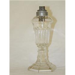 6 1/2 SANDWICH CLEAR WHALE OIL LAMP W/ DOUBLE PEW