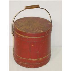 9 3/4 RED PAINTED WOODEN BANDED FIRKIN W/ BAIL HA