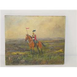 OIL PAINTING ON BOARD OF SOLDIER ON HORSEBACK SIG
