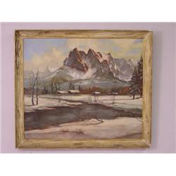 20TH  CENT. OIL ON ARTIST PANEL OF MOUNTAIN WINTE