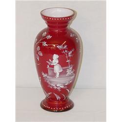 8" MARY GREGORY CRANBERRY CASED VASE W/