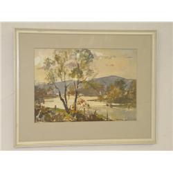 WATERCOLOR OF RIVER LANDSCAPE W/ TREES 