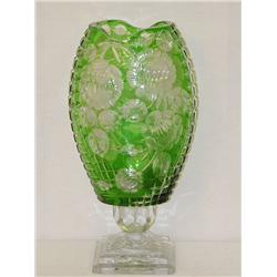 13 3/4" GREEN CUT TO CLEAR PILLOW VASE 