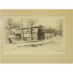 ETCHING COVERED BRIDGE IN WINTER SIGNED