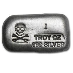 1 troy oz. Silver Poured Skull / Crossbones