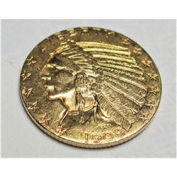 1909 D $5 FIVE Gold Indian Half Eagle