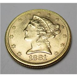 1881 $5 Gold Liberty Au Grade