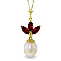 Genuine 4.75 ctw Garnet & Pearl Necklace Jewelry 14KT Yellow Gold - REF-24W3Y