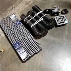 COMPLETE OUTDOOR CHANNEL DRAIN SYSTEM, 50 FT DRAIN HOSE, VORTEX GRATE, CORNER, AND 3 CHANNEL GRATES