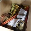 Image 2 : BOX OF BRASS CANDLE STICKS AND COPPER HORSESHOES