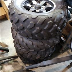 4 DURO DI-K591 AT TUBLESS ATV TIRES : 3 25x8-12 & 1 25x10-12 ON RIMS