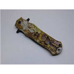 Brown Snake Eye Tactical Cross Handle Spring Assist Knife 4.75 inches Closed