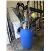 Image 1 : Barrel of Garden Tools and Brooms