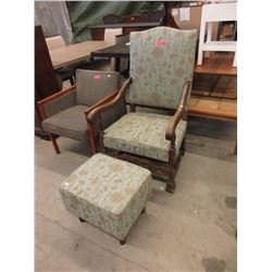 Vintage Carved Wood Arm Chair with Stool