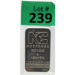 Rare 1 Oz National Refiners .999 Silver Bar