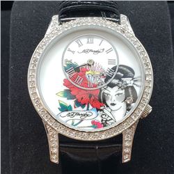 STAINLESS STEEL CZ ED HARDY LEATHER WATCH