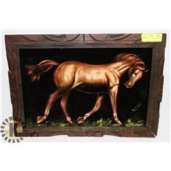 VINTAGE VELVET HORSE PAINTING, 21 X 15