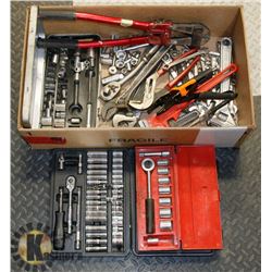 BOX OF ASSORTED WRENCHES AND SOCKETS