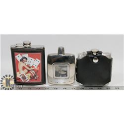 3 NEW STAINLESS STEEL FLASKS OF VARIOUS THEMES