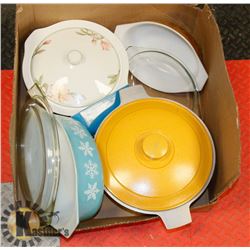 LARGE BOX OF PYREX, CAST ALUMINUM AND PORCELAIN