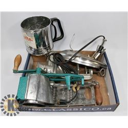 VINTAGE GRATERS, MEAT GRINDER, SIFTER & STEAM IRON