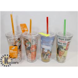 4 SODA / POP COMPANY PLASTIC TO GO CUPS W/ LIDS &