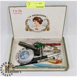 CIGAR BOX FULL OF COLLECTIBLES INCLUDING FISHING