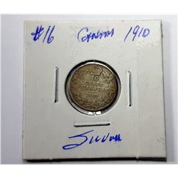 13)  SILVER 1910 CANADIAN DIME