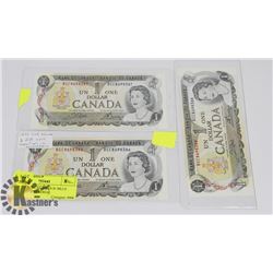 THREE 1973 CANADIAN $1 BILLS CONSECUTIVE SERIAL