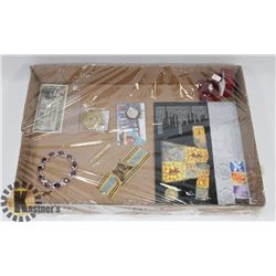 FLAT OF ASSORTED JEWELLERY, CURRENCY, COLLECTIBLES