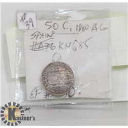 ANTIQUE 1880 SPANISH SILVER 50 CENT PIECE