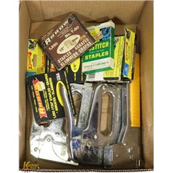 BOX OF STAPLERS AND STAPLES.