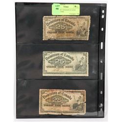 THREE 1900 CANADIAN 25 CENT SHINPLASTERS.
