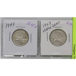 1943 & 1947 CANADIAN 25 CENT COINS - MAPLE LEAF ON